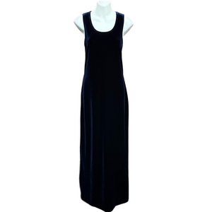 Vintage 90s navy velour velvet maxi dress column tank side slit party scoop neck